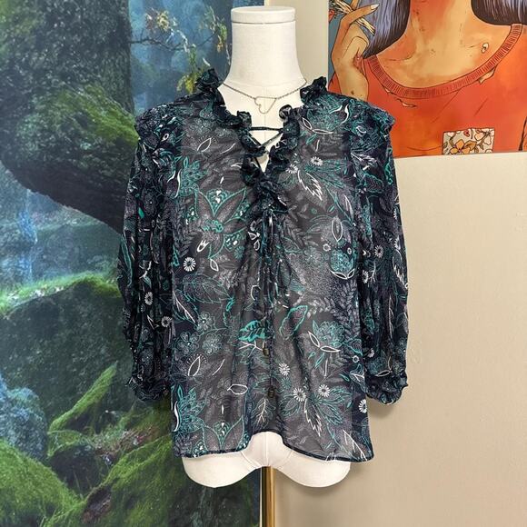 anthropologie sheer ruffle floral blouse xsp fairy boho top - Picture 6 of 9